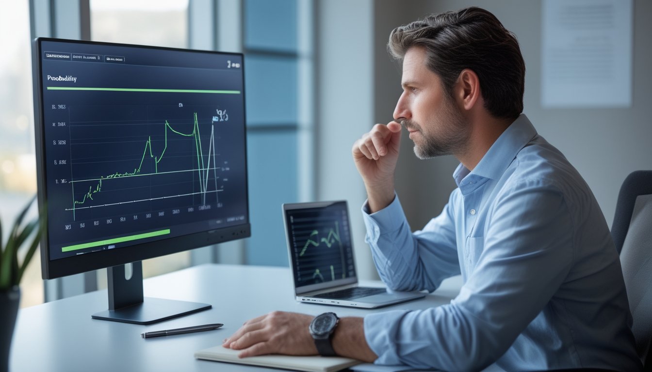 Seorang analis meninjau grafik data di monitor pada meja kerja.