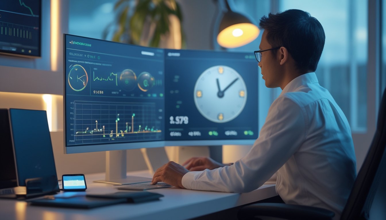 Seorang analis mengamati grafik dan indikator pada monitor di meja kerja.