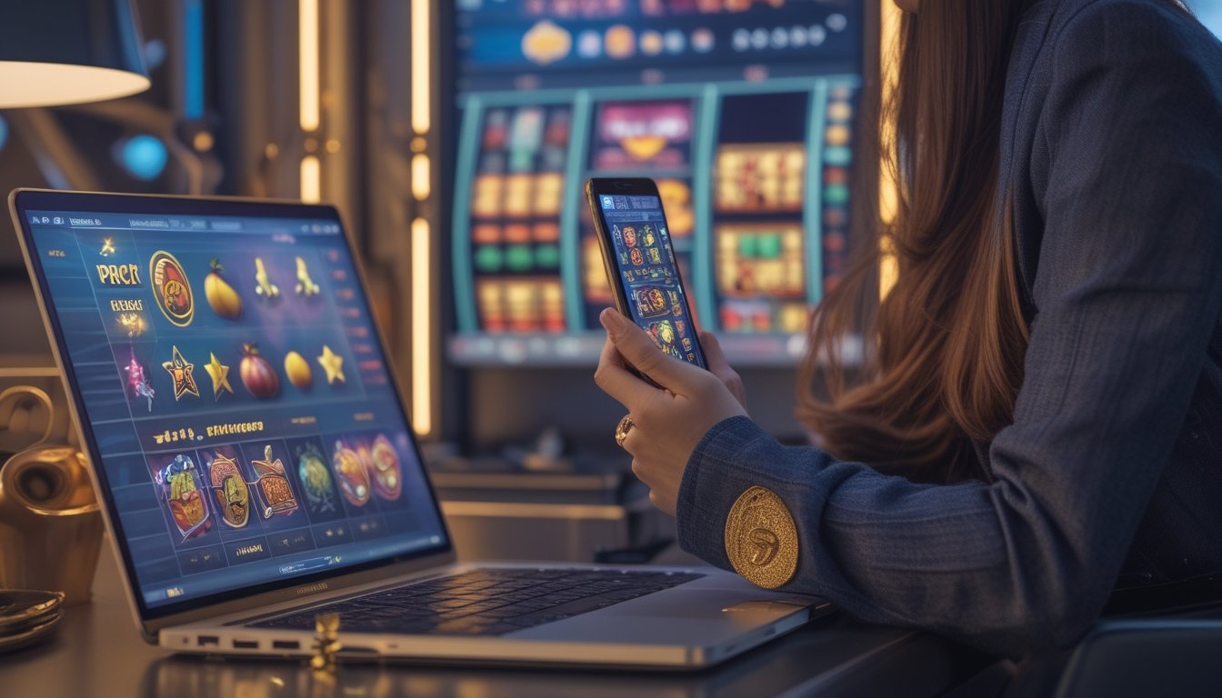 Seseorang bermain gim slot melalui ponsel di meja dengan laptop di dekatnya.
