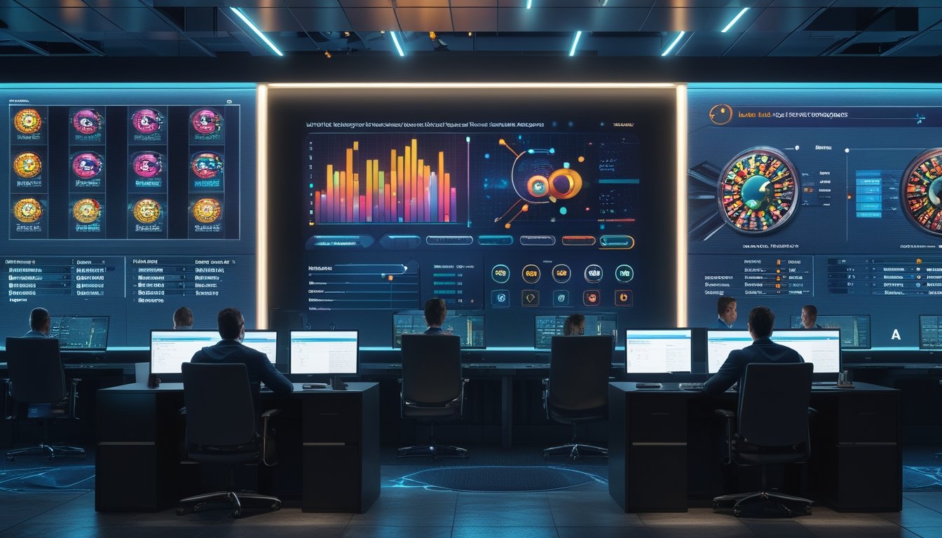 Tim teknisi memantau server dan permainan slot di pusat operasi.