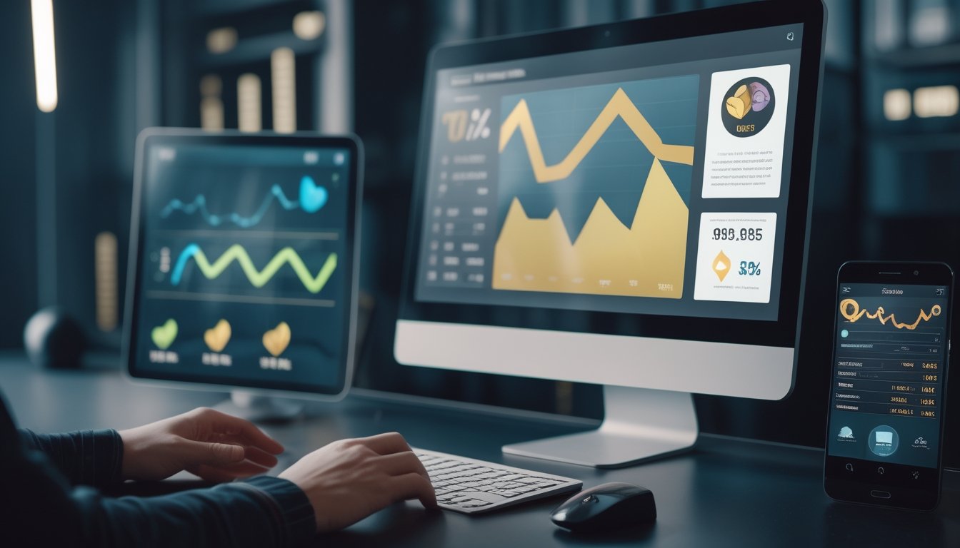 Seseorang memeriksa grafik statistik permainan di monitor dan ponsel.