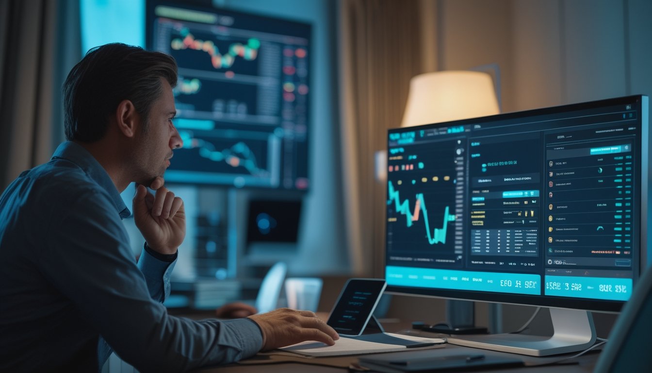 Seseorang menganalisis grafik dan data di layar komputer.