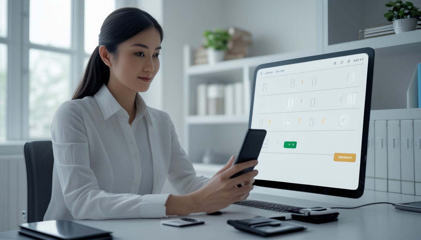 Seorang pengguna melihat antarmuka angka digital di ponsel di ruang kerja.