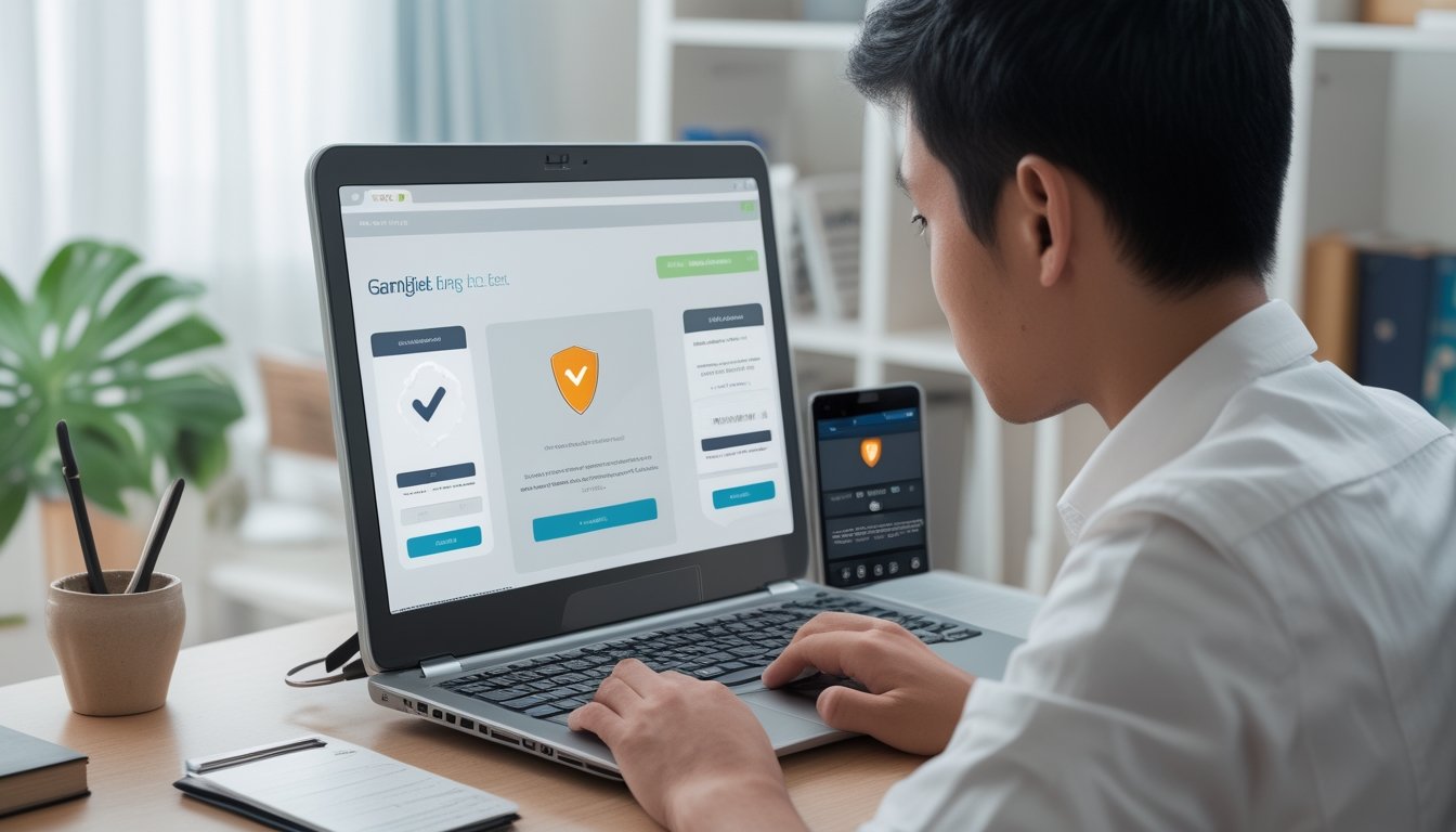 Seseorang memeriksa keamanan situs pada laptop di ruang kerja.