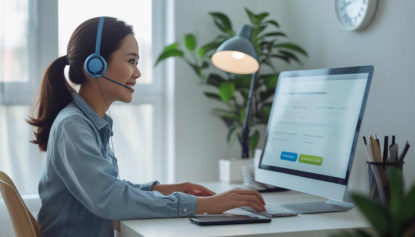 Seorang pelanggan menggunakan laptop sambil berbicara dengan petugas layanan pelanggan melalui headset.