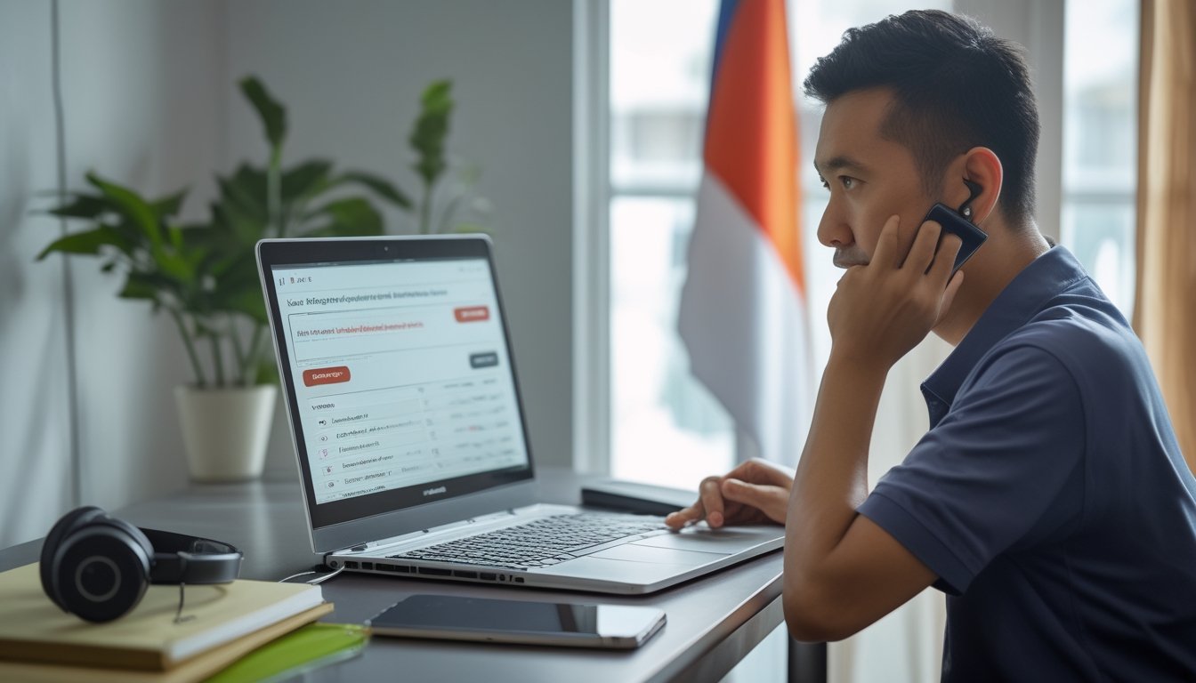 Seorang warga Indonesia memeriksa laptop dan ponsel di meja dengan ekspresi penuh pertimbangan.
