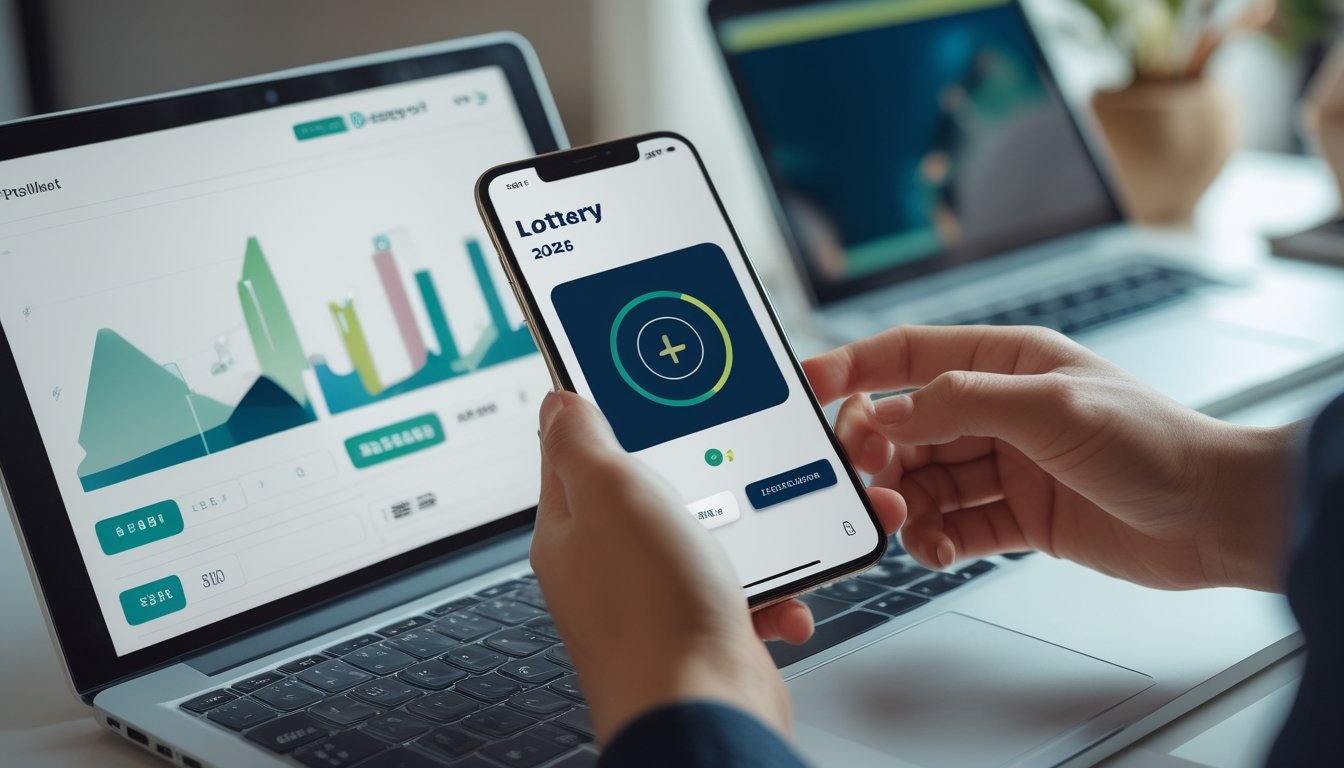 Seseorang menggunakan ponsel dan laptop dengan tampilan dasbor digital.