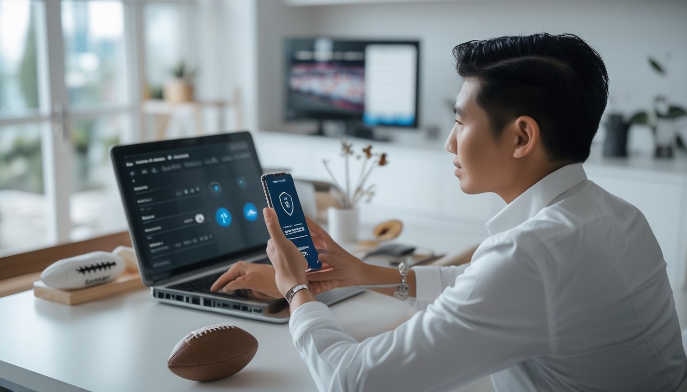 Seseorang membandingkan informasi olahraga di laptop dan ponsel di ruang kerja.