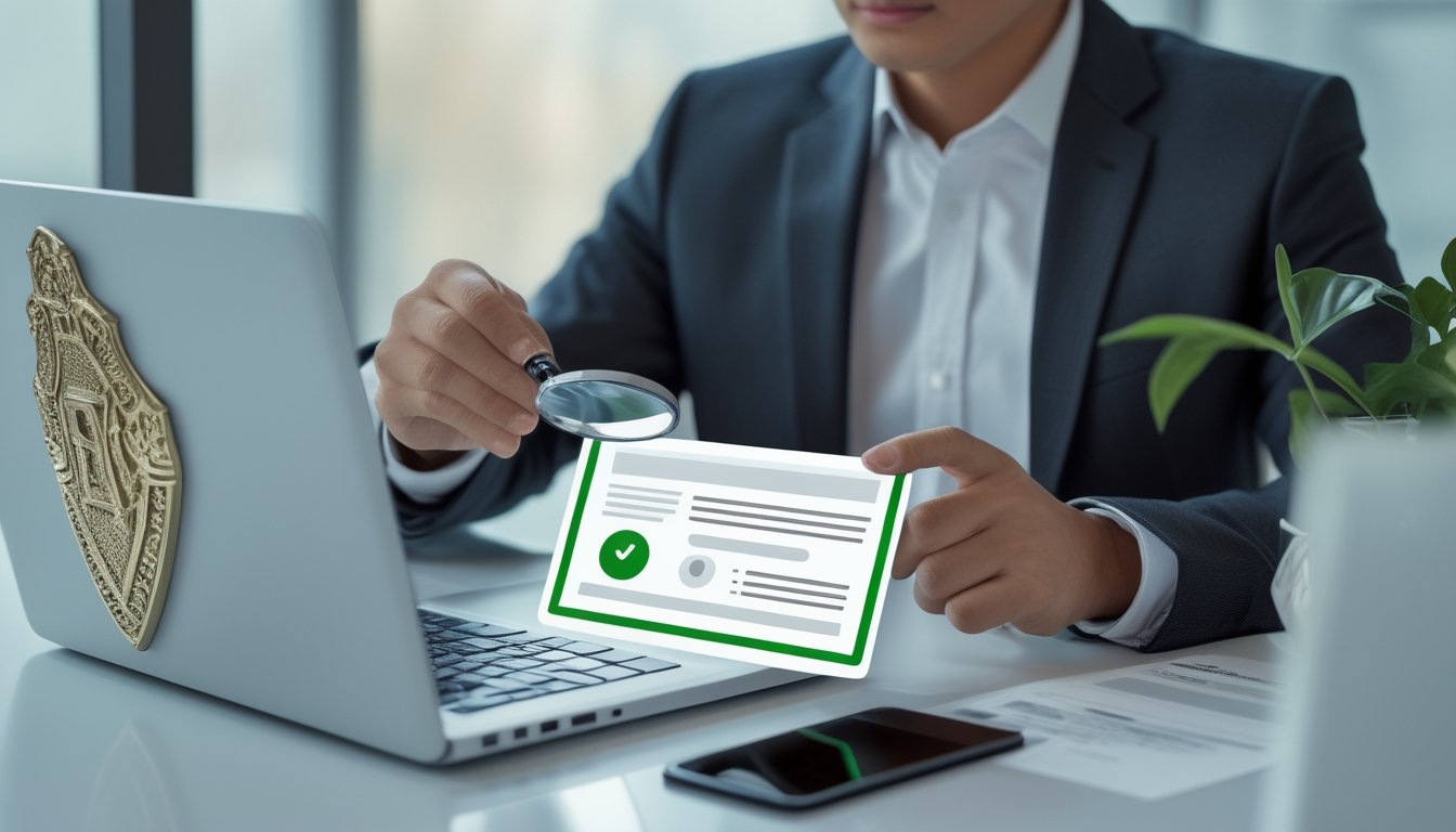 Seorang profesional memeriksa situs di laptop sambil meninjau dokumen lisensi.
