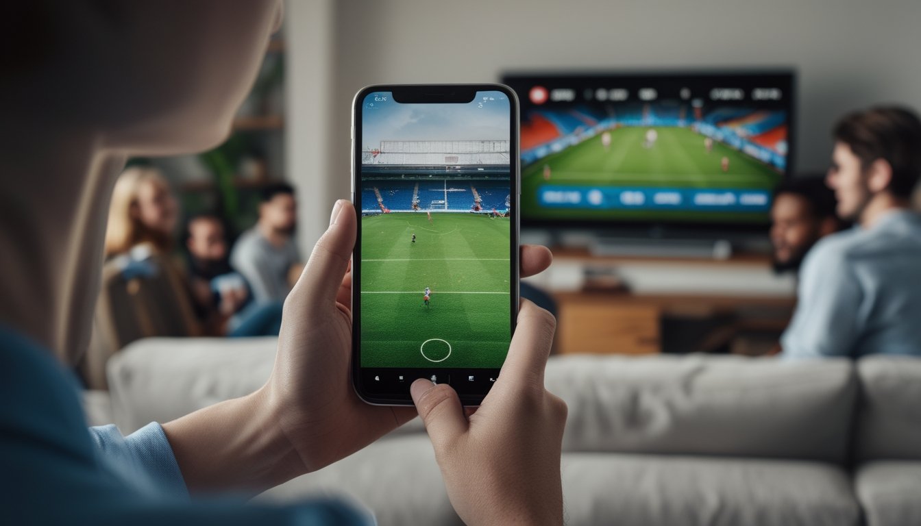 Seseorang menonton pertandingan sepak bola melalui ponsel di ruang keluarga.