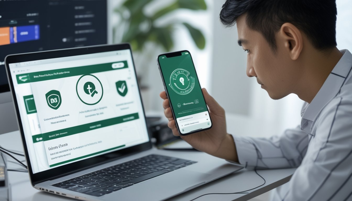 Seorang pengguna memeriksa aplikasi taruhan olahraga di ponsel dengan simbol keamanan di layar laptop.