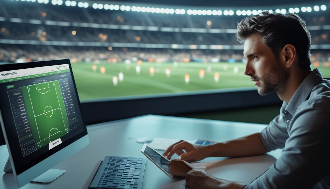 Seorang analis sepak bola mengamati pertandingan di layar sambil meninjau diagram lapangan dan grafik.