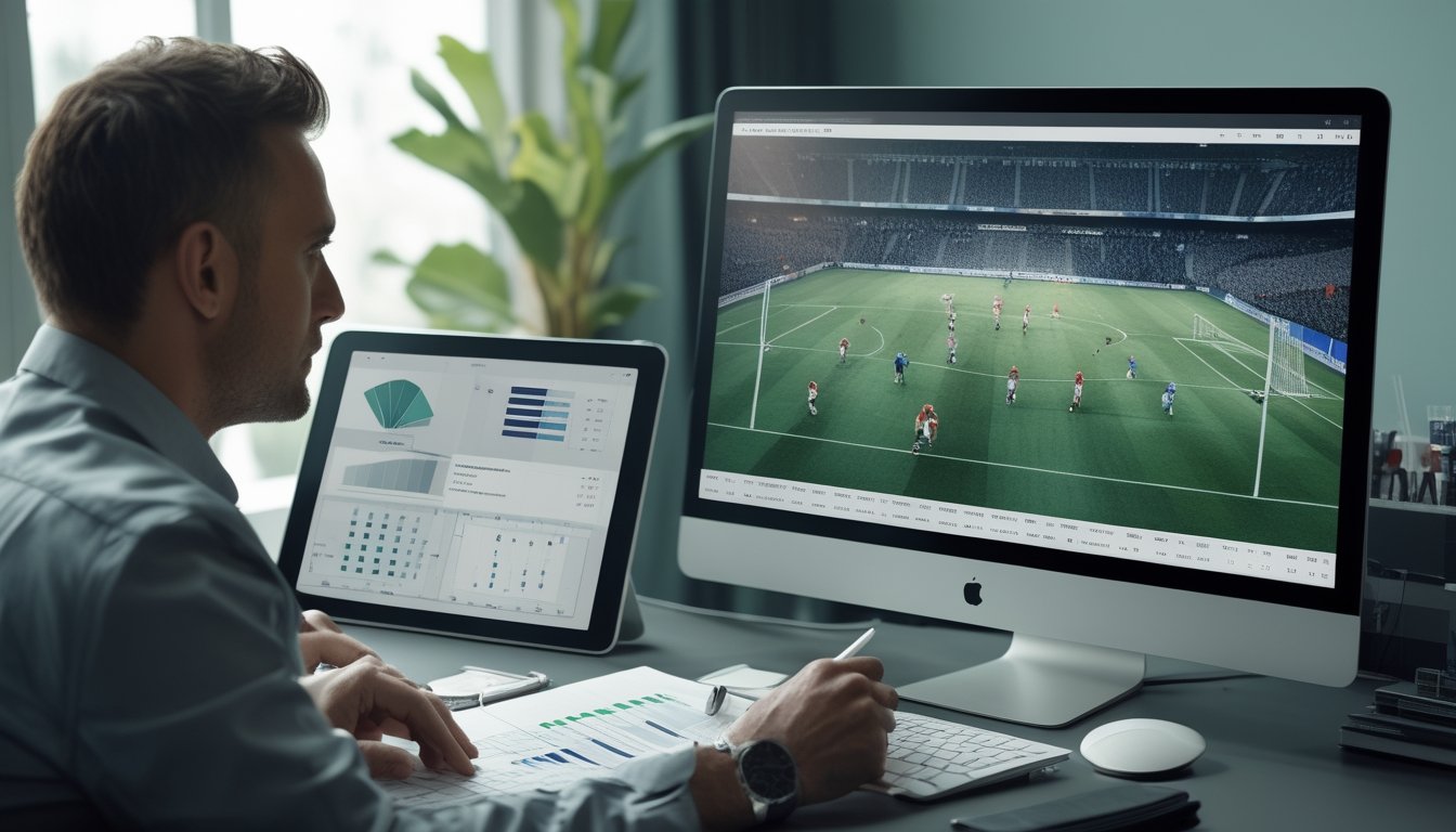 Seorang analis mengamati pertandingan sepak bola sambil memeriksa catatan statistik di meja.