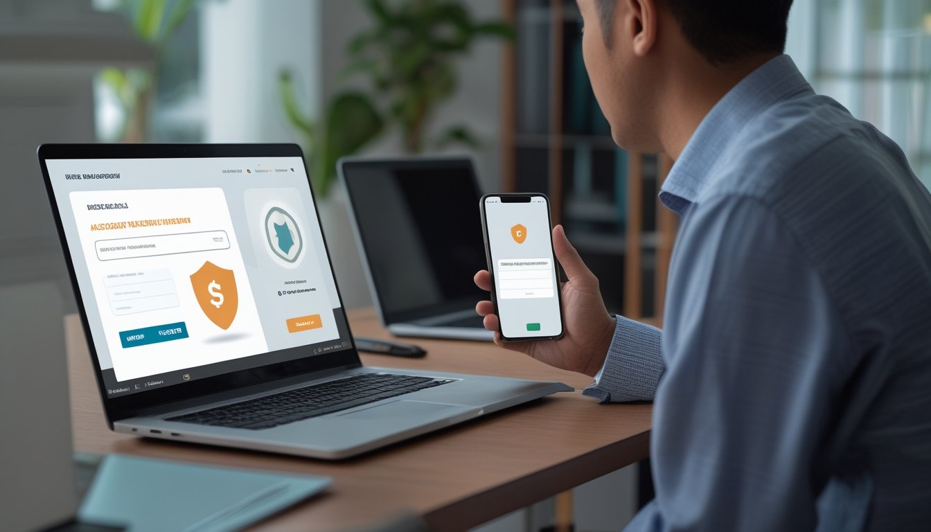 Seorang pria dewasa menggunakan laptop dan ponsel untuk memeriksa proses verifikasi akun.