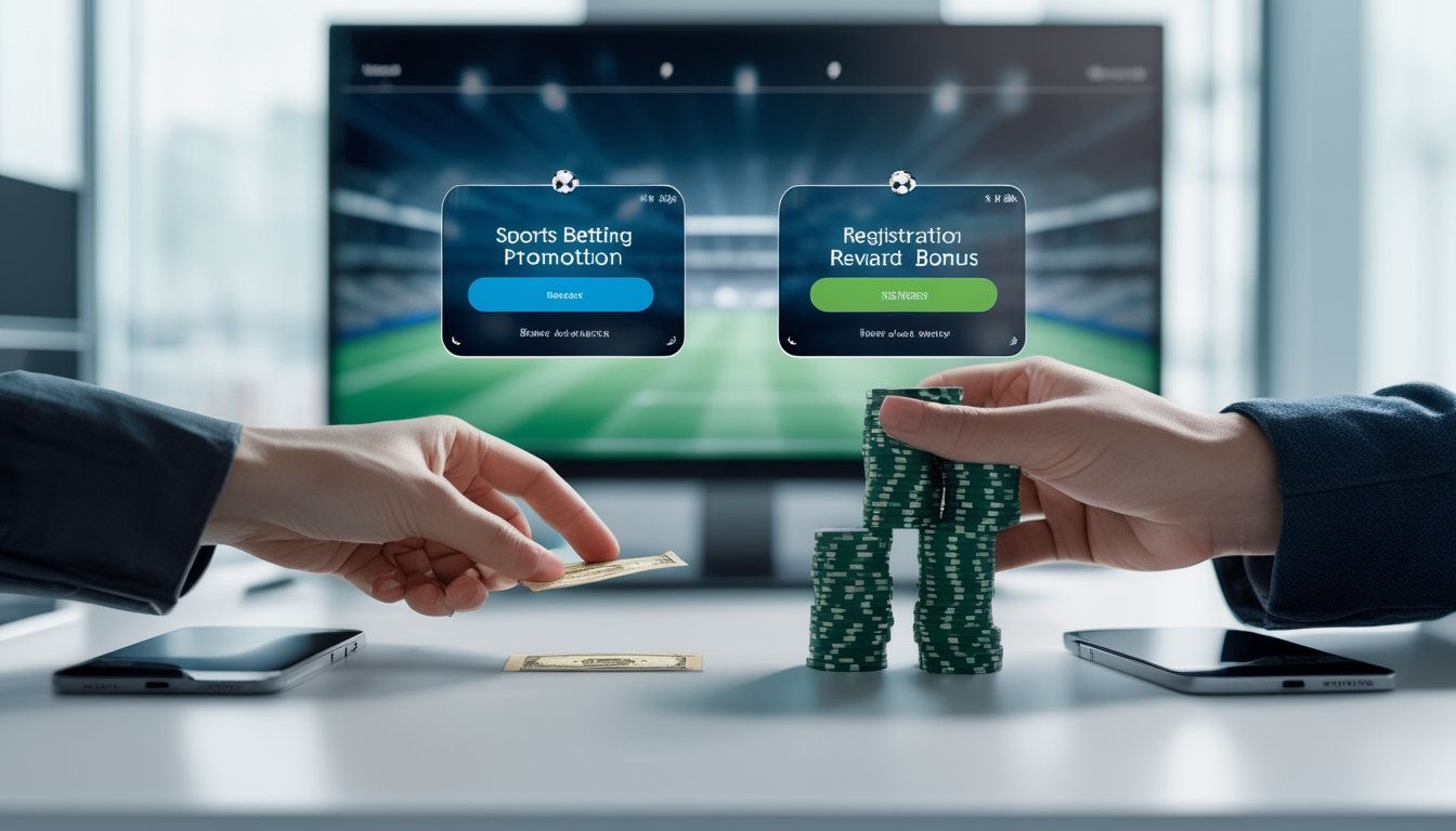 Dua orang membandingkan kupon promosi dan token bonus di samping ponsel dengan pertandingan sepak bola di latar belakang.