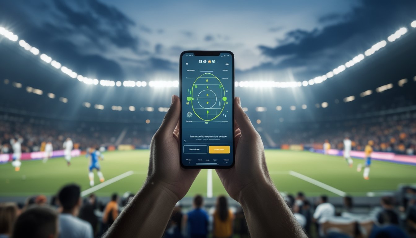 Seorang penggemar sepak bola memegang ponsel di stadion yang dipenuhi penonton saat pertandingan berlangsung.