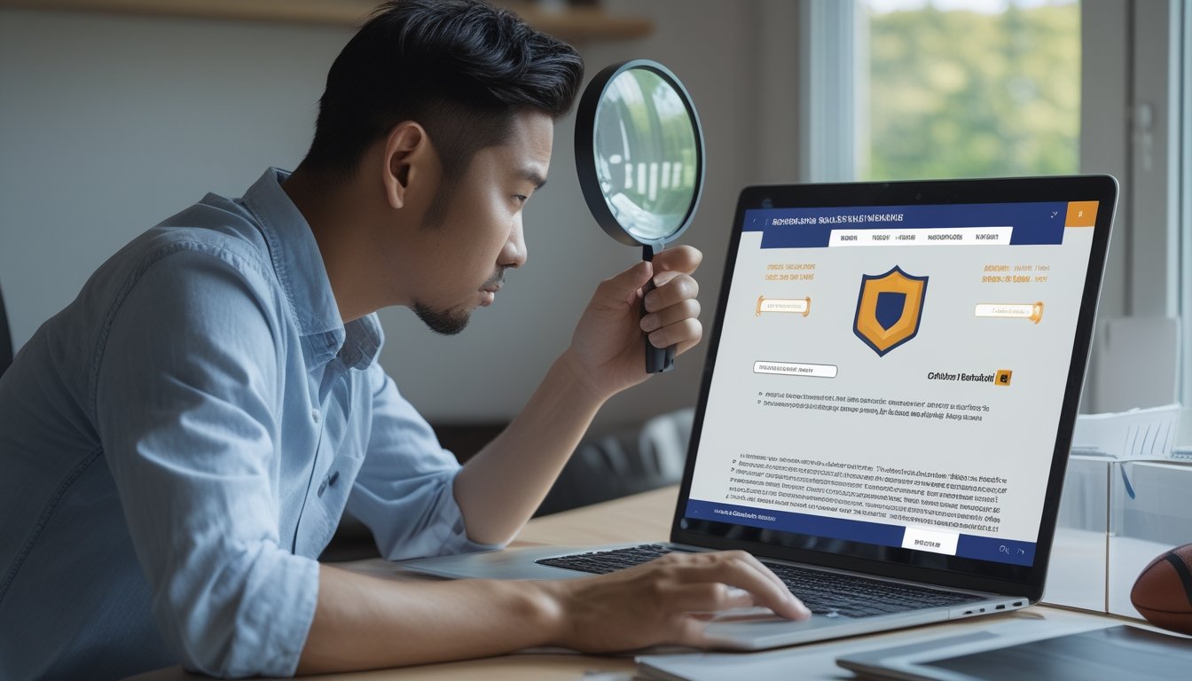 Seorang dewasa memeriksa situs taruhan olahraga di laptop dengan simbol verifikasi dan dokumen.