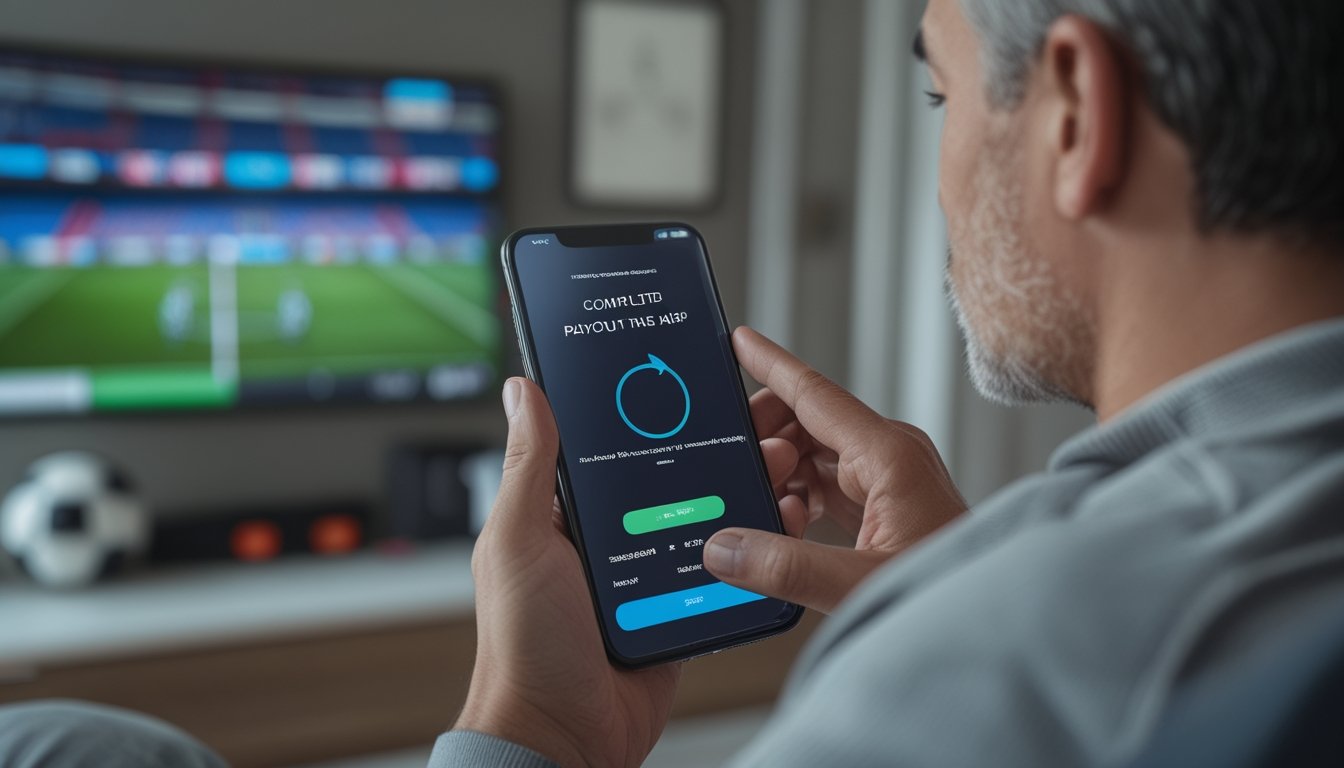 Seorang penggemar olahraga menggunakan ponsel sambil menonton pertandingan sepak bola.