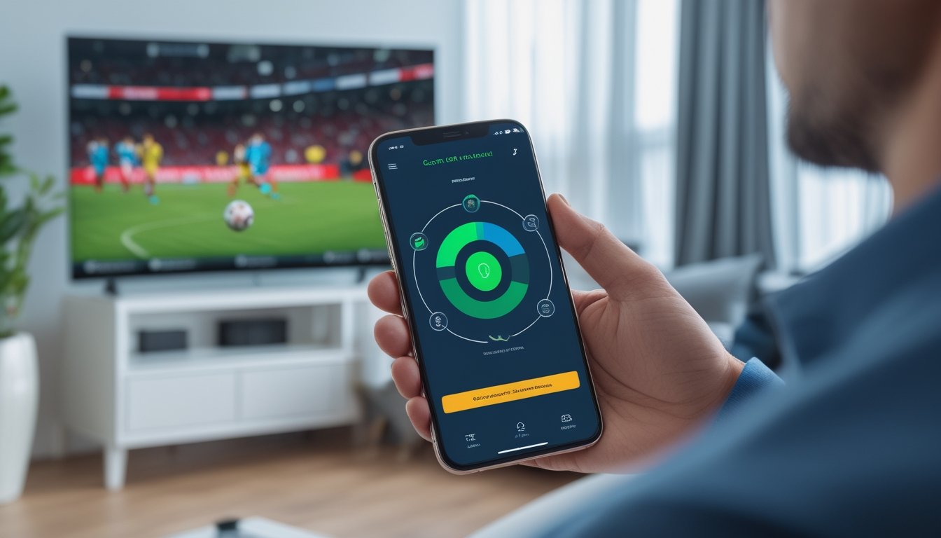 Seseorang melihat pertandingan sepak bola sambil menggunakan ponsel untuk mencairkan taruhan.