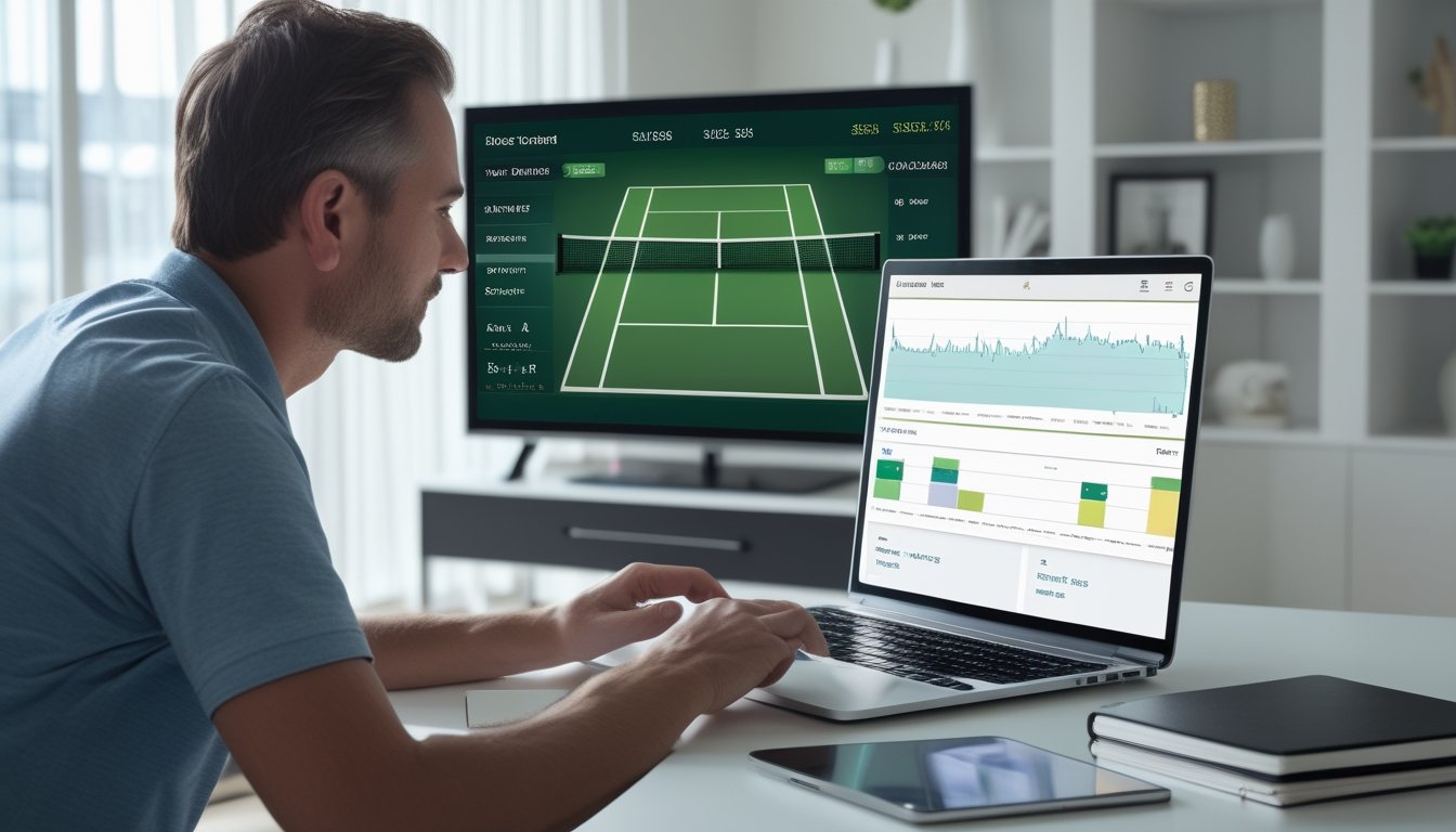 Seorang penggemar tenis menganalisis pertandingan di laptop sambil menonton pemain bertanding di televisi.