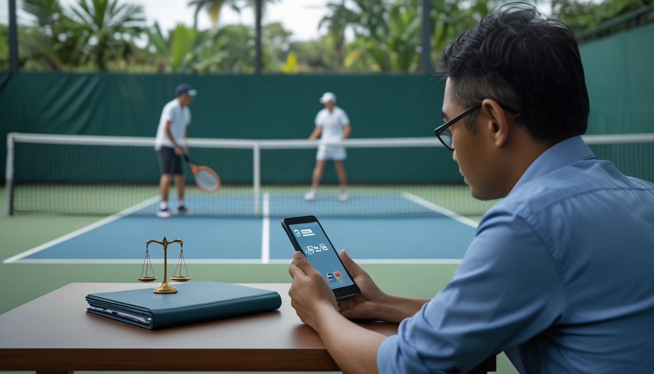 Seorang penonton melihat ponsel di dekat lapangan tenis, dengan berkas hukum di atas meja.