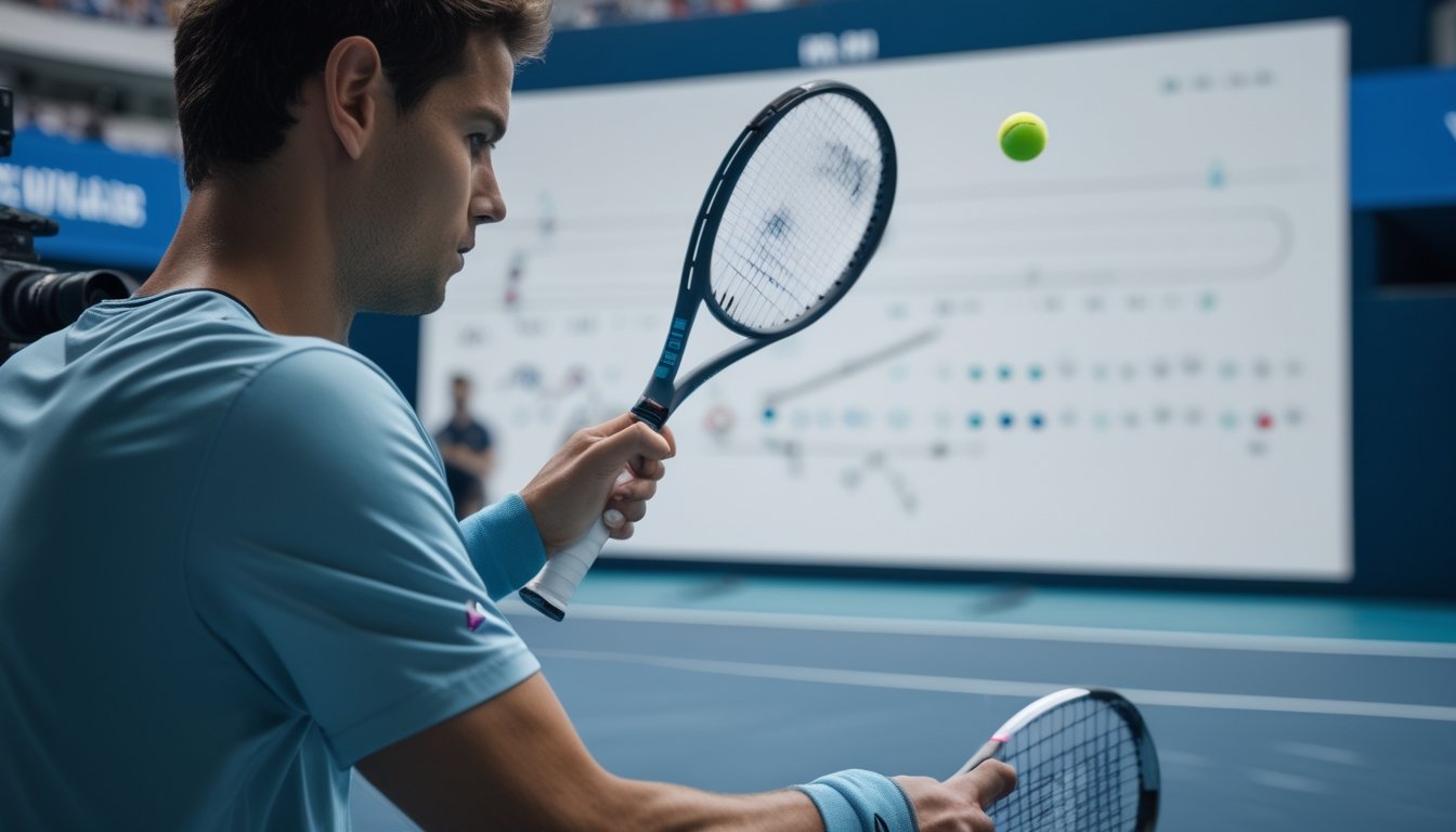 Pemain tenis melakukan servis di lapangan dengan layar pertandingan di latar belakang.