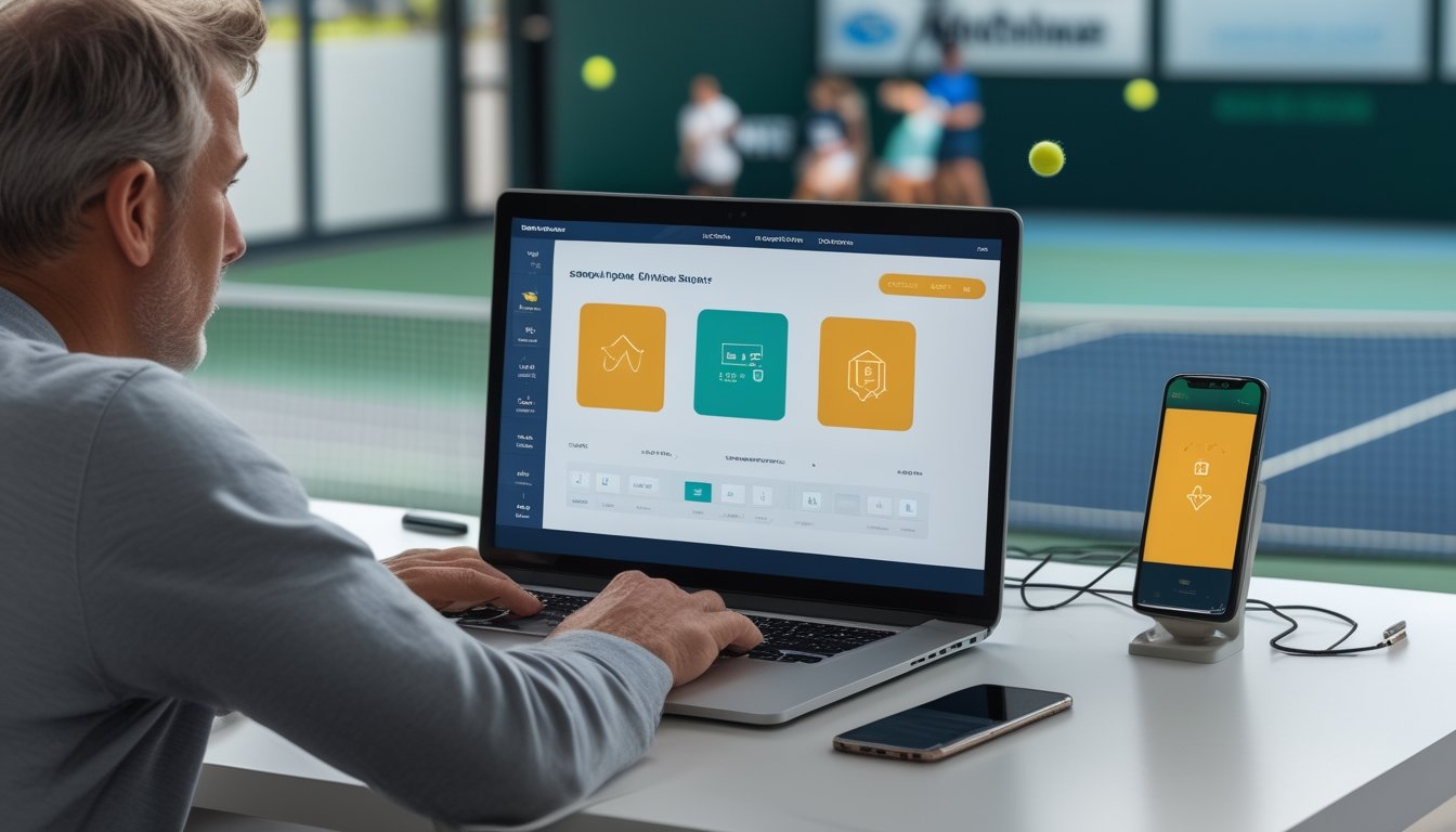 Seorang penggemar tenis memeriksa laptop dan ponsel di meja dengan pertandingan tenis terlihat di latar belakang.