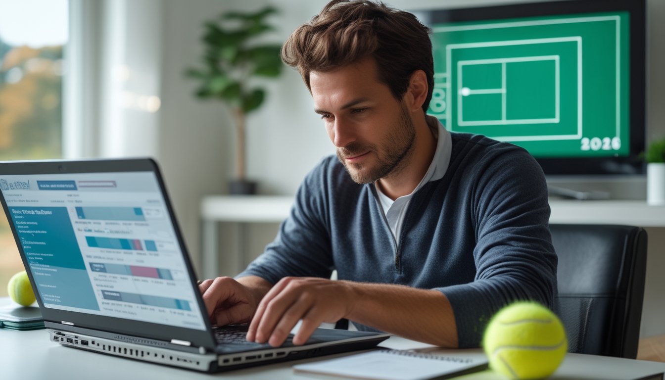 Seorang penggemar tenis pemula memeriksa statistik pertandingan di laptop dengan bola dan raket di meja.