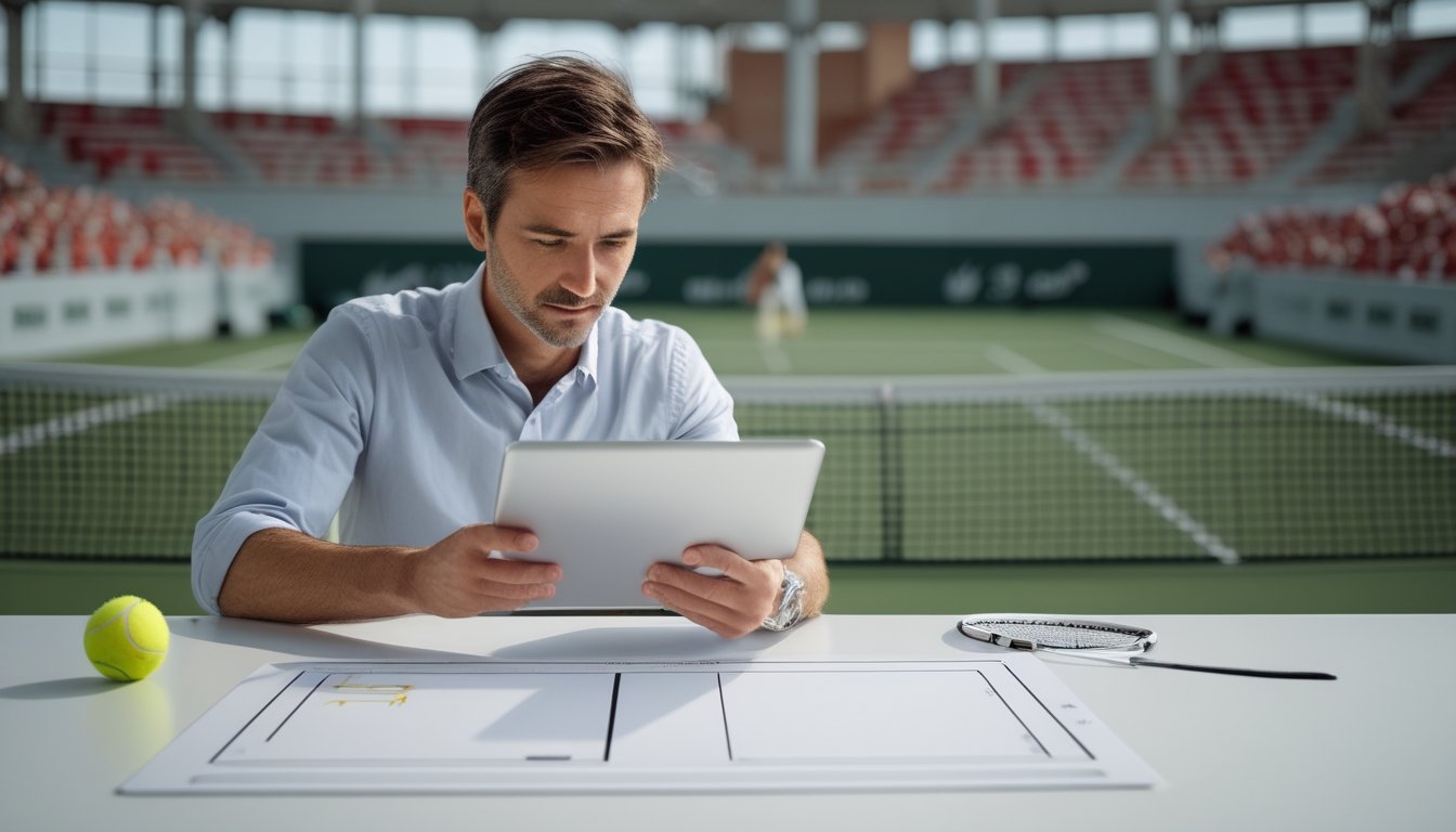 Seorang pemula mempelajari diagram lapangan tenis dan statistik pertandingan di meja.