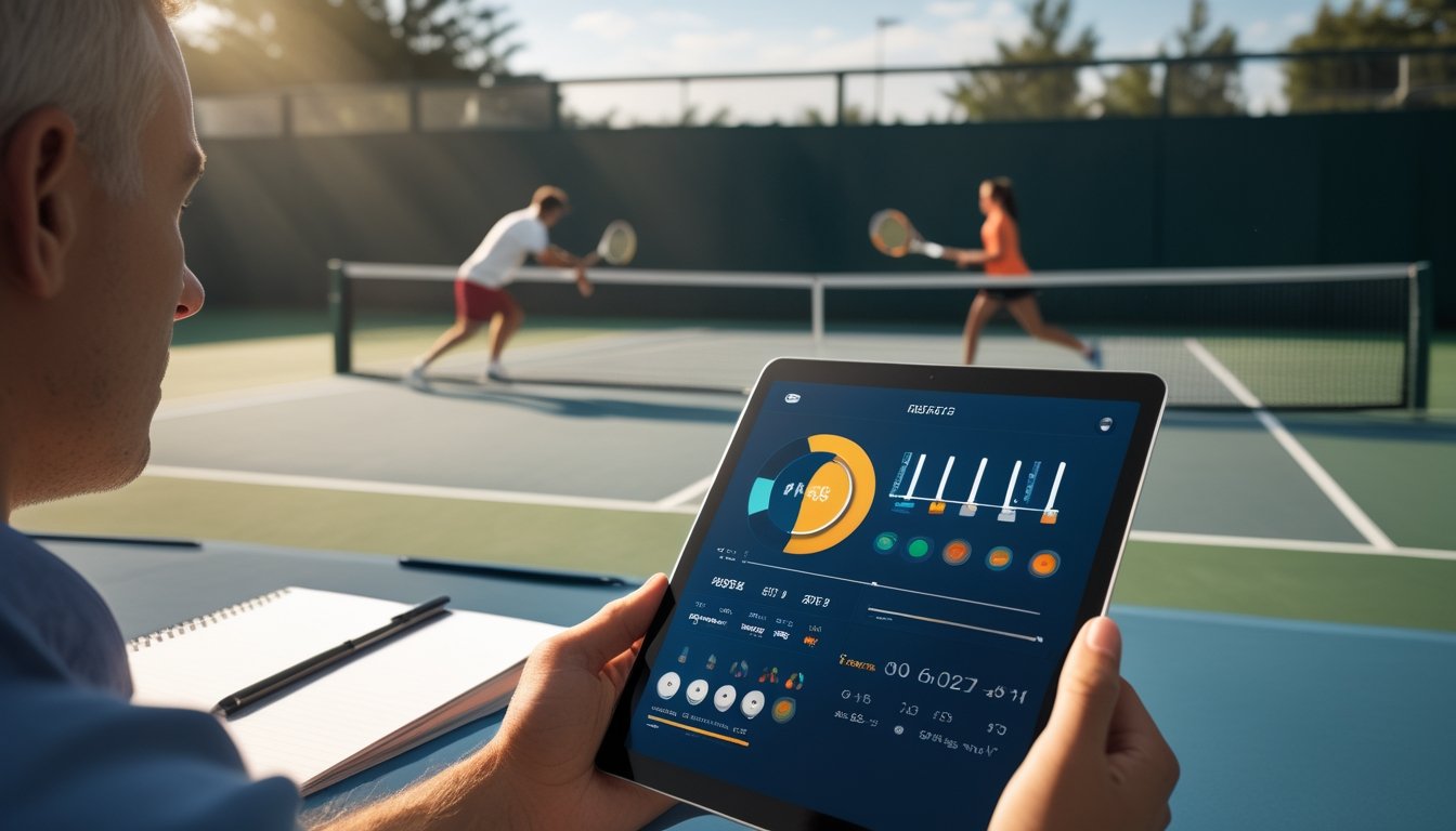 Dua pemain bertanding tenis sementara seseorang mengamati grafik peluang di tablet.