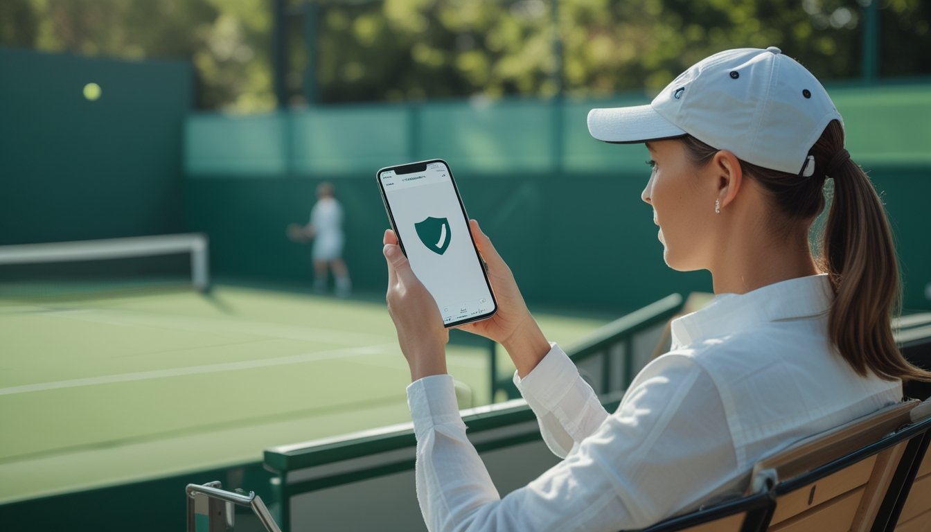 Seorang penonton tenis memeriksa ponsel di tepi lapangan saat pertandingan berlangsung.