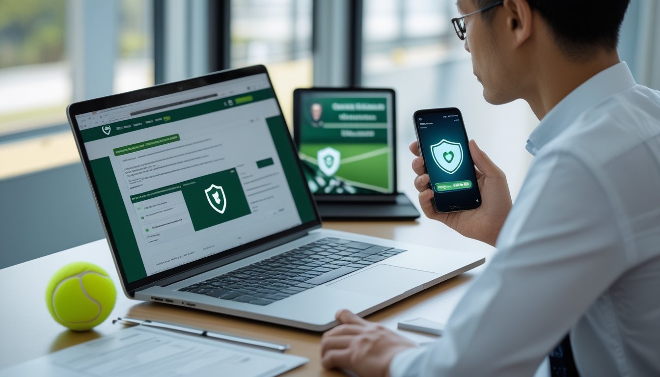 Seseorang memeriksa keamanan situs tenis melalui laptop dan ponsel.