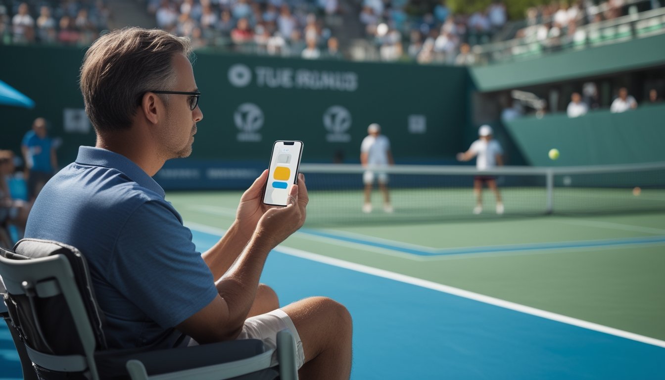 Seorang penonton mengamati pertandingan tenis sambil melihat ponsel.