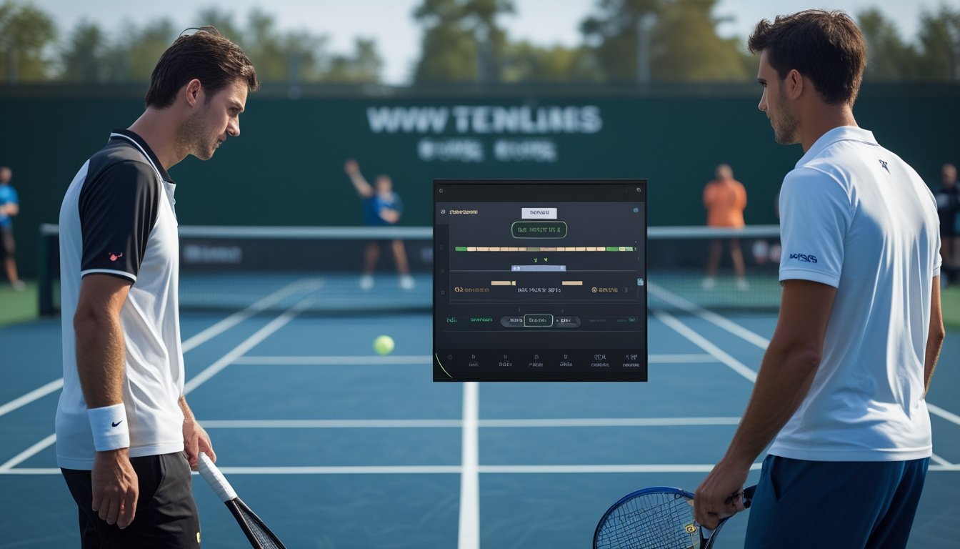 Dua pemain tenis beristirahat sejenak di antara poin saat pertandingan berlangsung.
