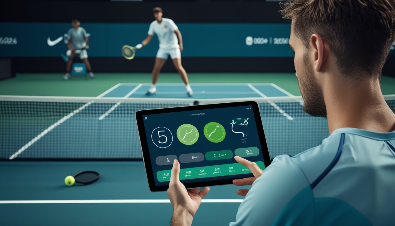 Pemain tenis melakukan servis sementara seorang analis melihat tablet di tepi lapangan.