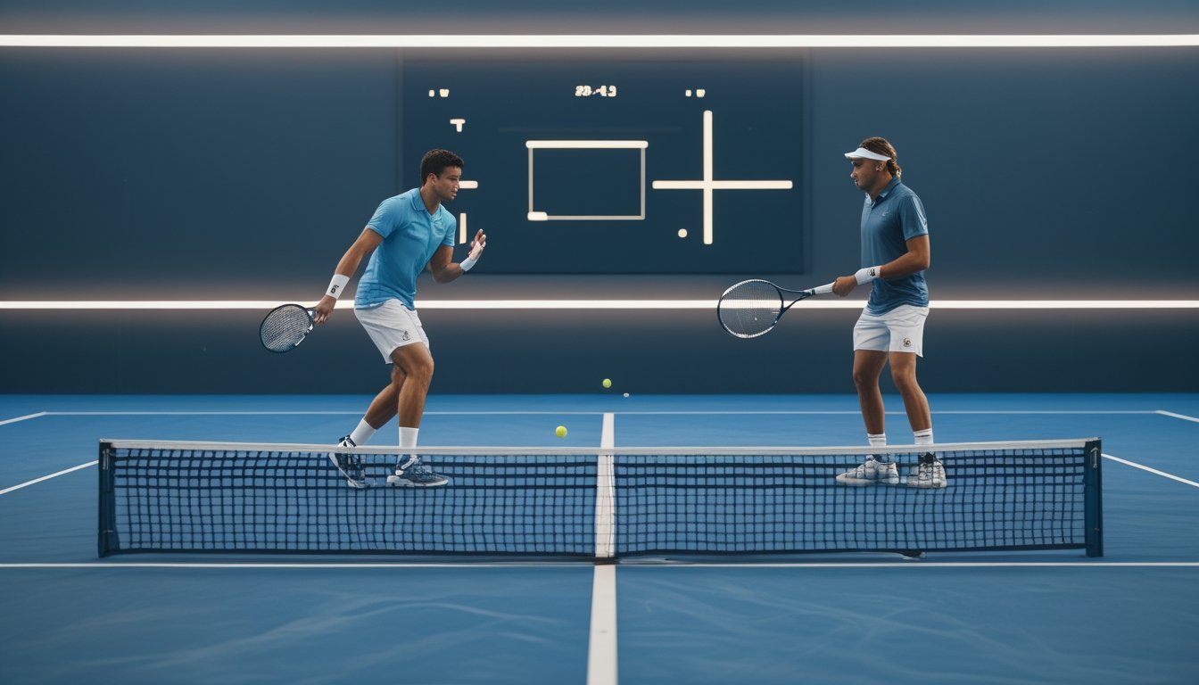 Dua pemain tenis bertanding di lapangan dengan bola terlihat di antara mereka.