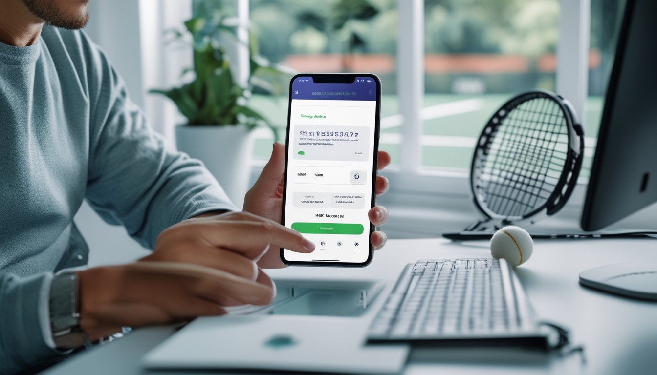 Penggemar tenis menggunakan ponsel di meja dengan raket dan bola tenis di dekatnya.