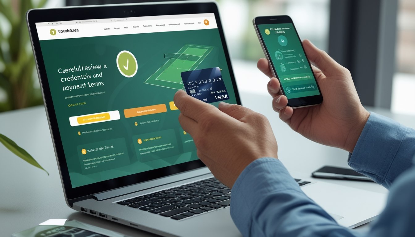 Seseorang memeriksa situs taruhan tenis di laptop sambil mengecek kartu bank dan ponsel.