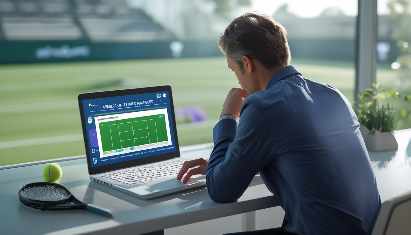 Seorang analis tenis mempelajari diagram lapangan di laptop dengan perlengkapan tenis di atas meja.
