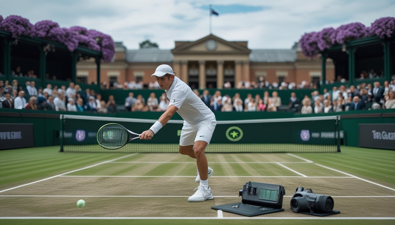 Pemain tenis berbaju putih mengembalikan bola di lapangan rumput Wimbledon, dengan penonton dan buku catatan di latar depan.