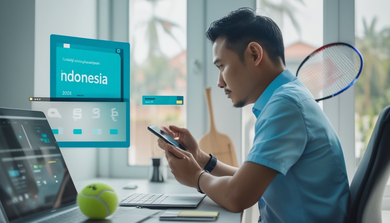 Seorang pria Indonesia meninjau situs terkait tenis di laptop dengan ponsel, raket, dan bola tenis di atas meja.