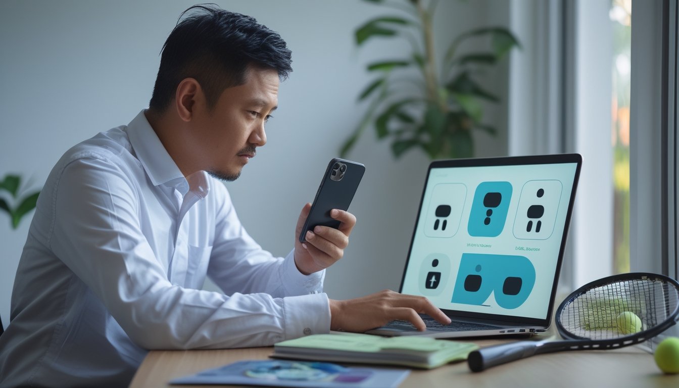 Seorang pria Indonesia meninjau laptop dan ponsel dengan raket tenis di dekatnya.
