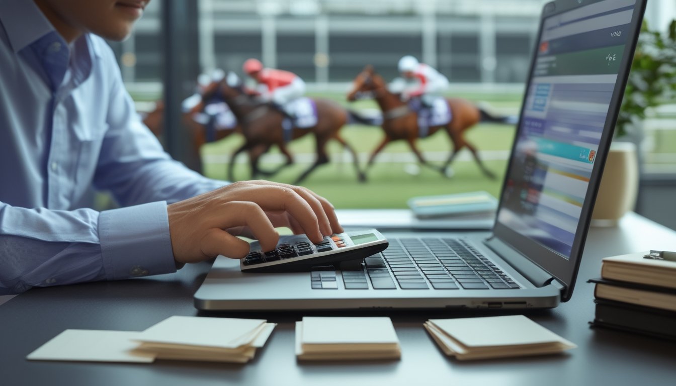 Seseorang meninjau anggaran di meja dengan kalkulator dan laptop, sementara layar menampilkan pacuan kuda.