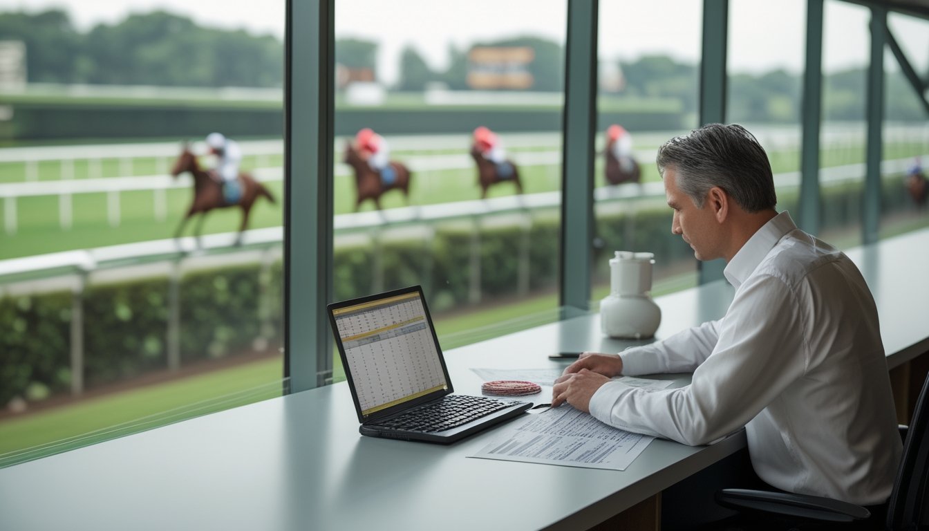 Seorang analis memeriksa formulir pacuan kuda dan kalkulator sambil melihat lintasan tempat kuda-kuda berlari.