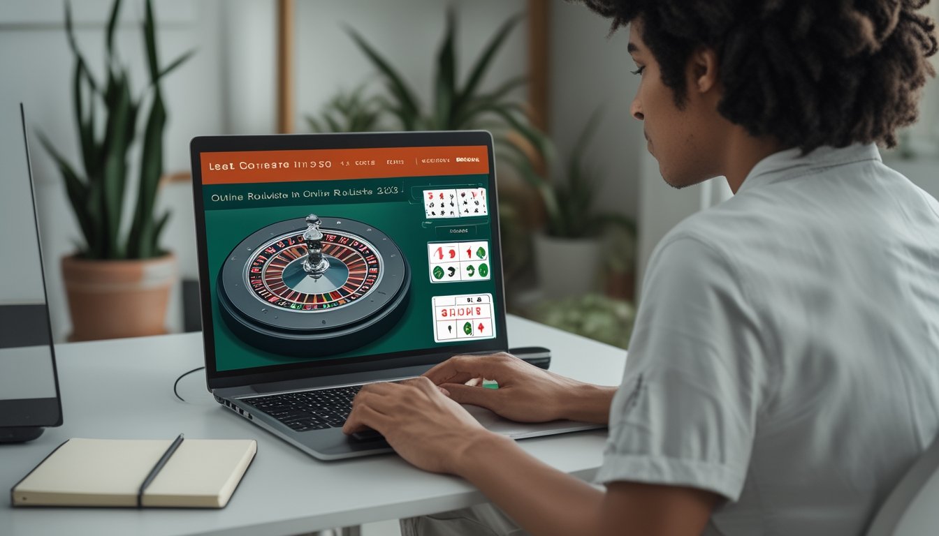 Seorang pemula mempelajari permainan roulette online melalui laptop di meja.