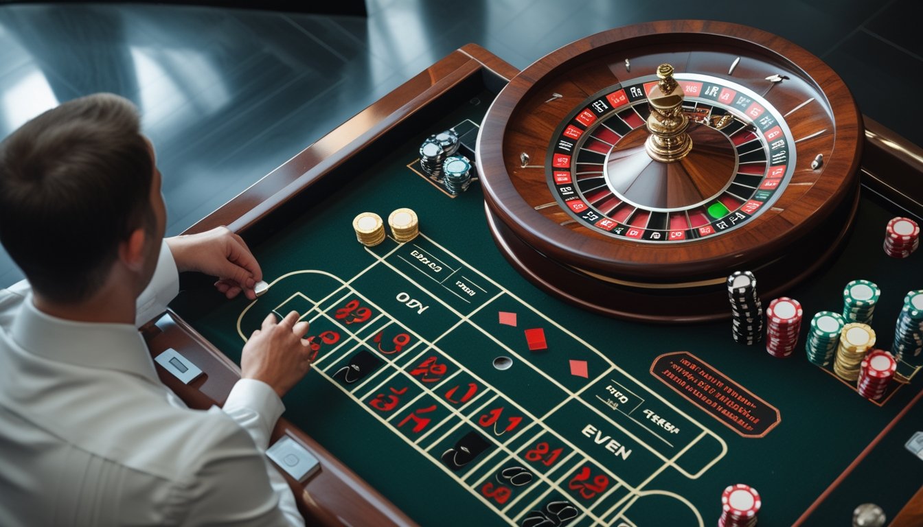 Meja roulette dengan roda, bola, dan beberapa chip taruhan.