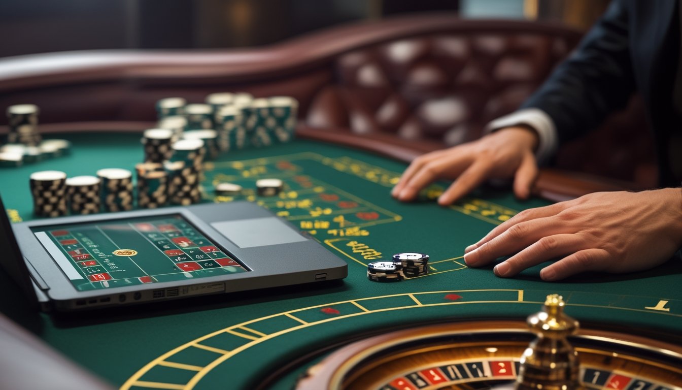 Seseorang mempertimbangkan taruhan di meja roulette dengan laptop di sampingnya.