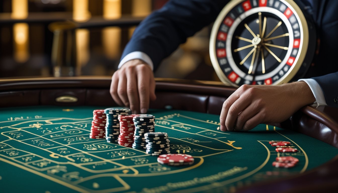 Roda roulette berputar di meja kasino dengan beberapa keping taruhan dan tangan pemain di dekatnya.