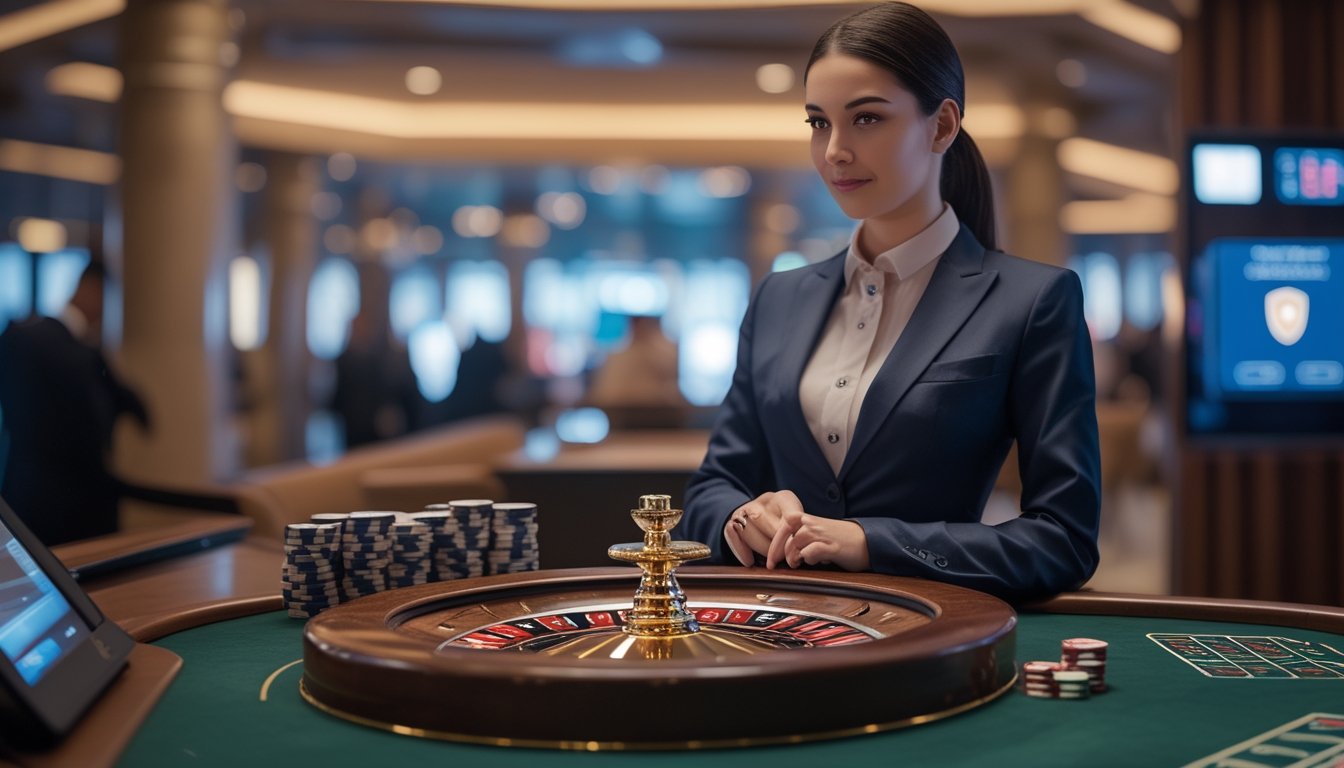 Seorang dealer berdiri di samping meja roulette dengan roda dan beberapa keping taruhan.