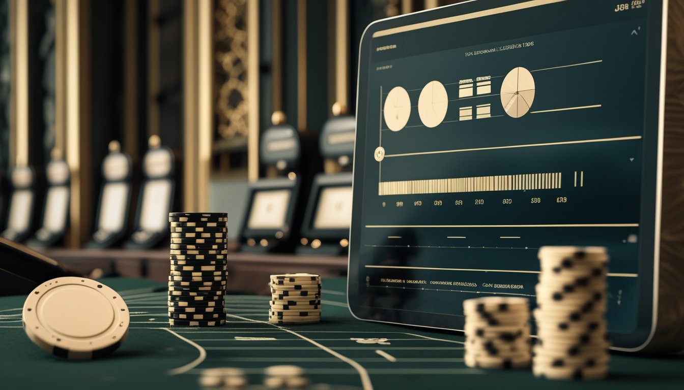 Roda roulette dengan bola, keping kasino, dan tablet berisi grafik abstrak.